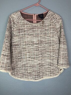 W5 Pullover Sweater Womens Small Pink Brown Tweed Made USA Textured Fringe Hem